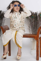 Little Bansi Banarsi Silk Pink Blue Floral Embroidery Jacket With Cotton Kantha kurta And Kantha Dhoti - Cream