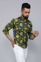 Miravan Men's Cotton Printed Full Sleeve Slim Fit Spread Neck Green Shirt