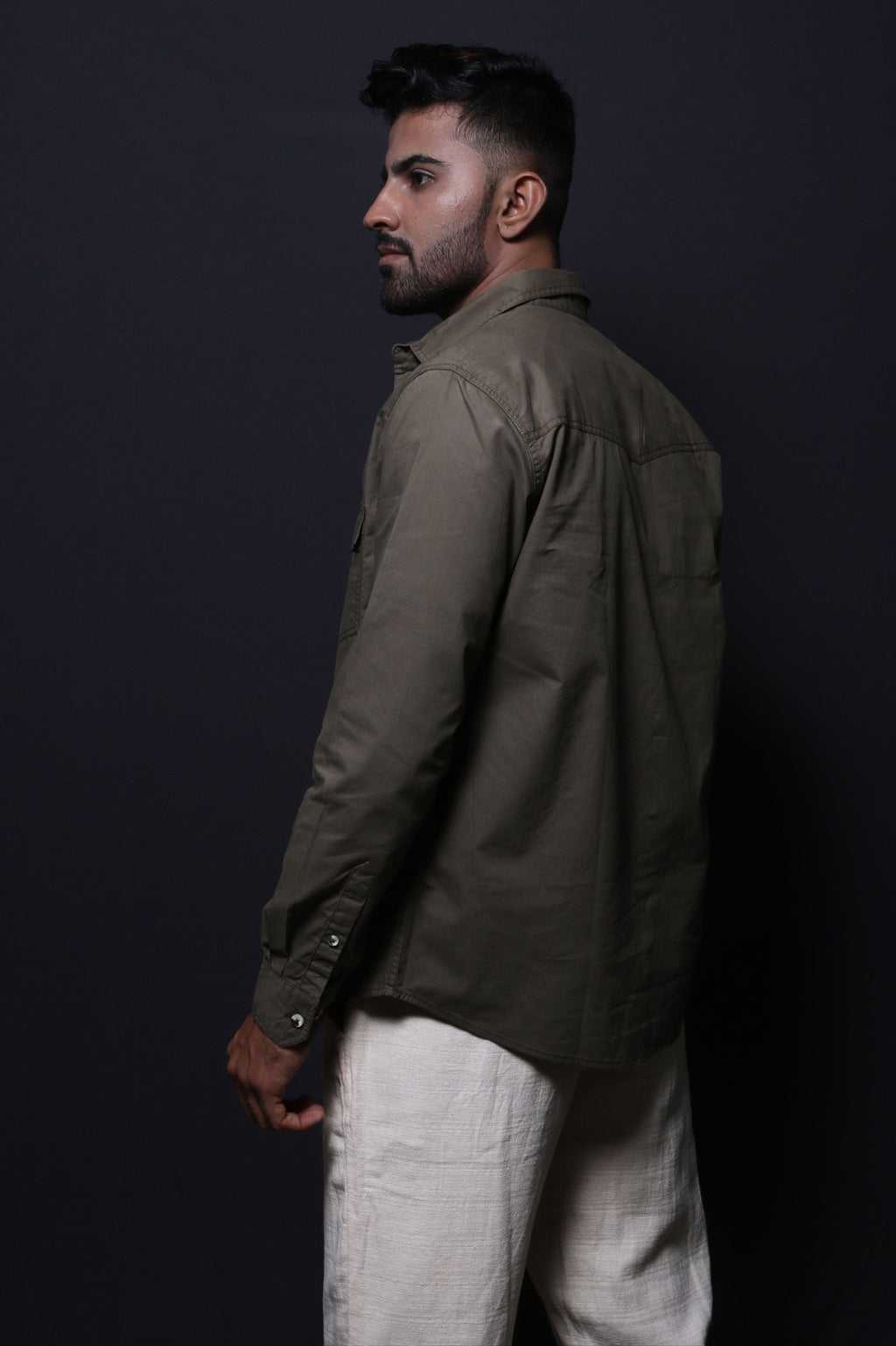 Jonesburg Olive Green Double Pocket Regular Fit Shirt