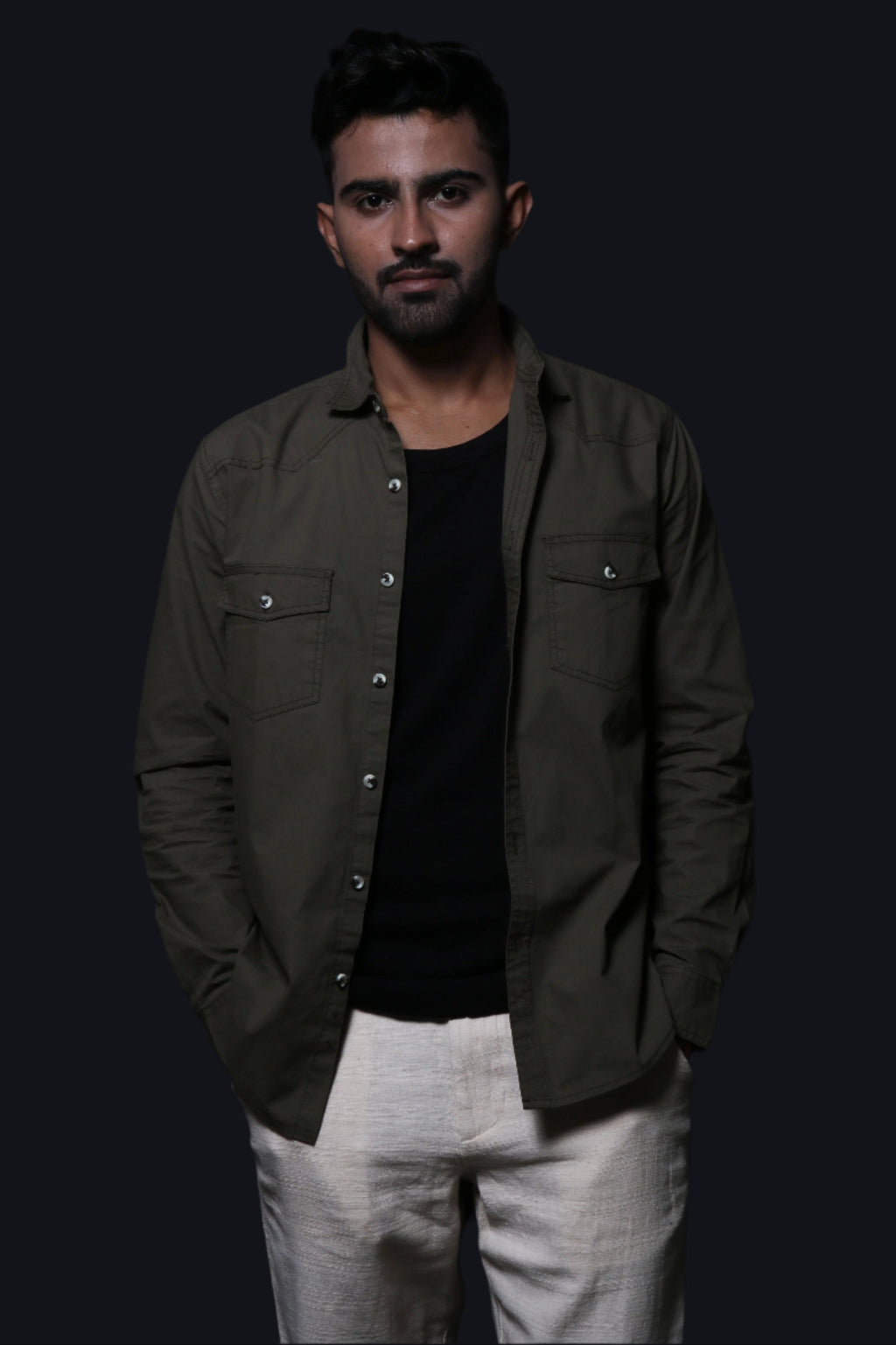 Jonesburg Olive Green Double Pocket Regular Fit Shirt