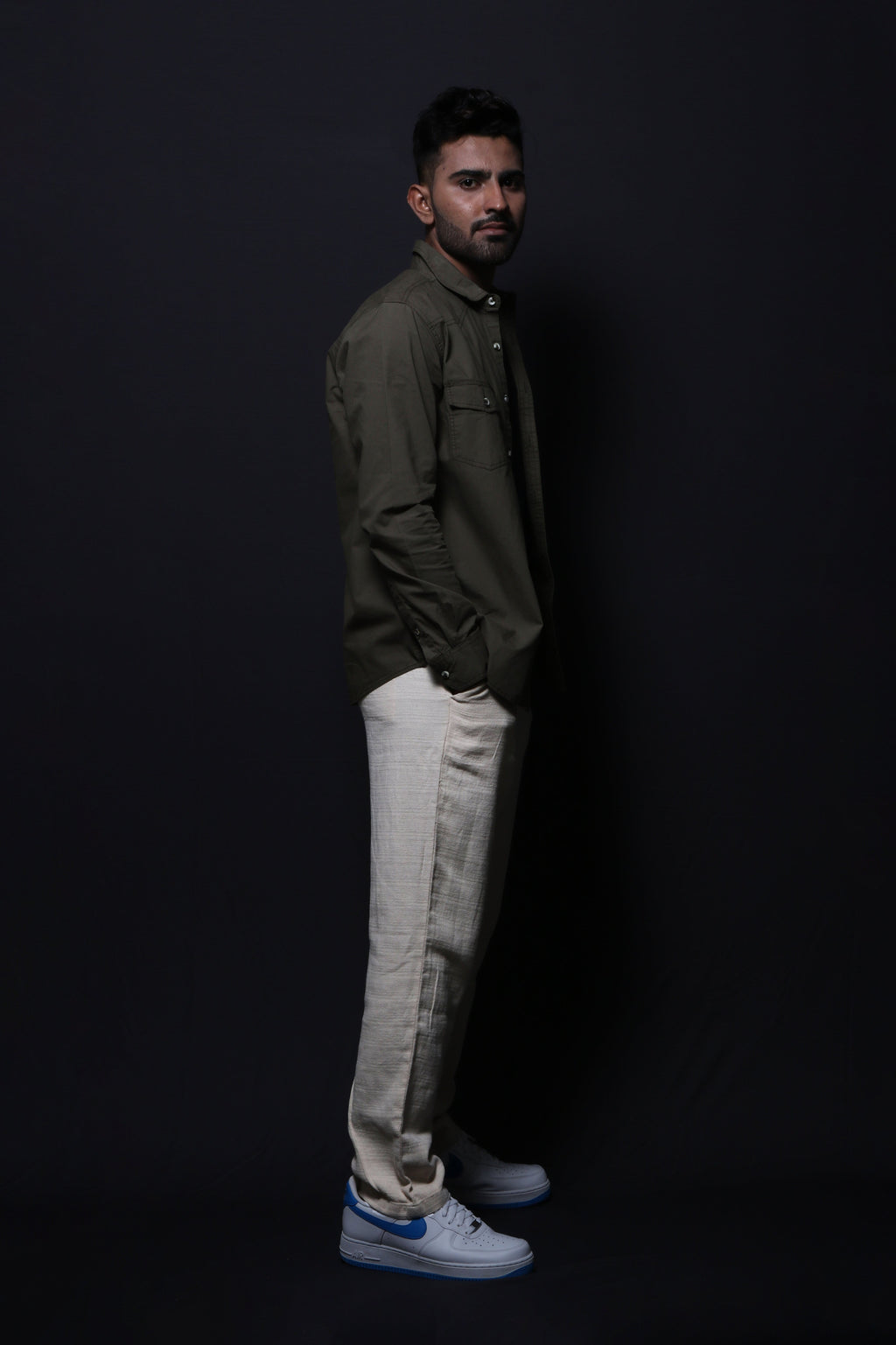 Jonesburg Olive Green Double Pocket Regular Fit Shirt