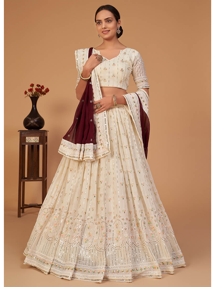 Myra Off White Georgette Embroidered Designer Lehenga