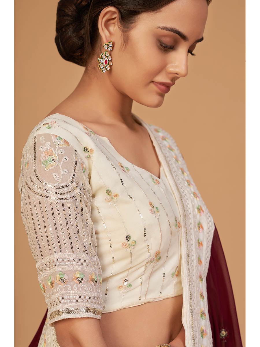 Myra Off White Georgette Embroidered Designer Lehenga