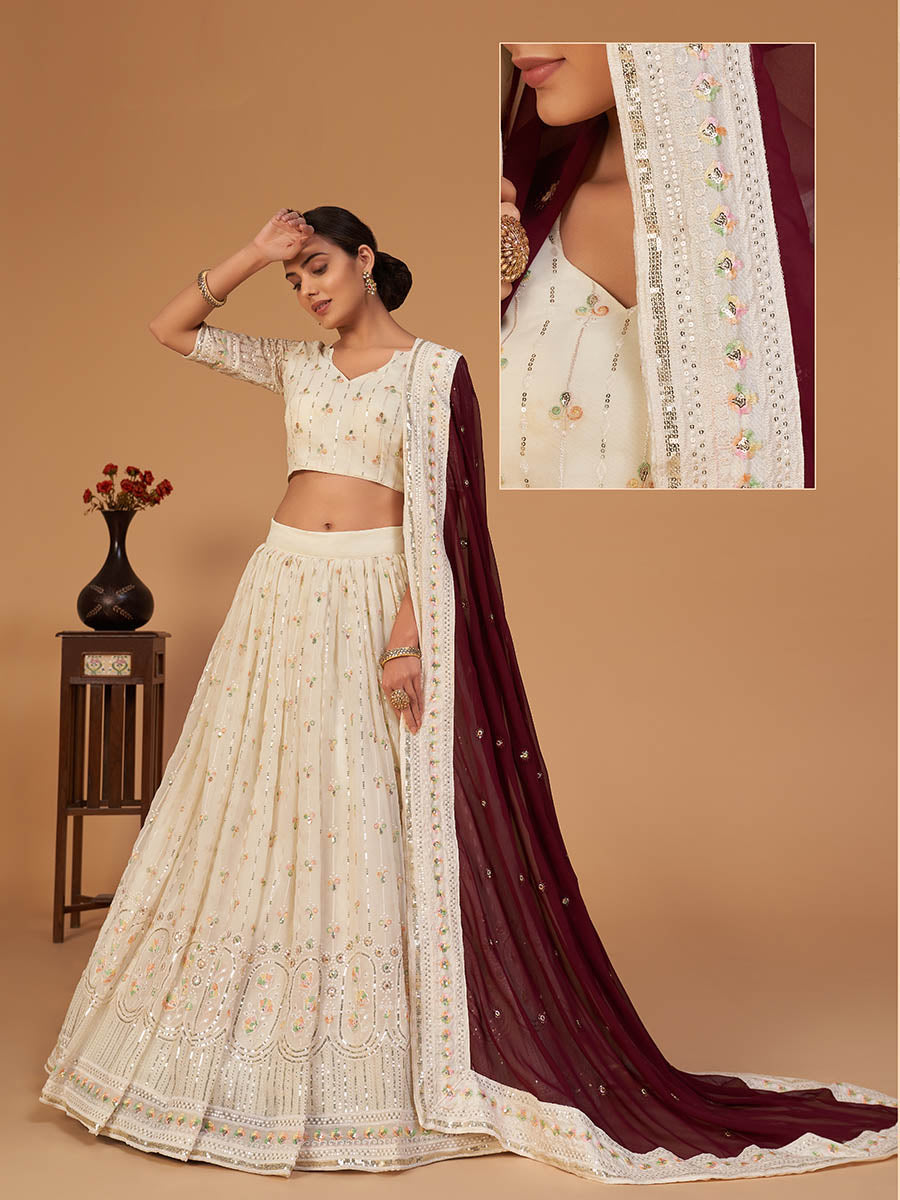 Myra Off White Georgette Embroidered Designer Lehenga