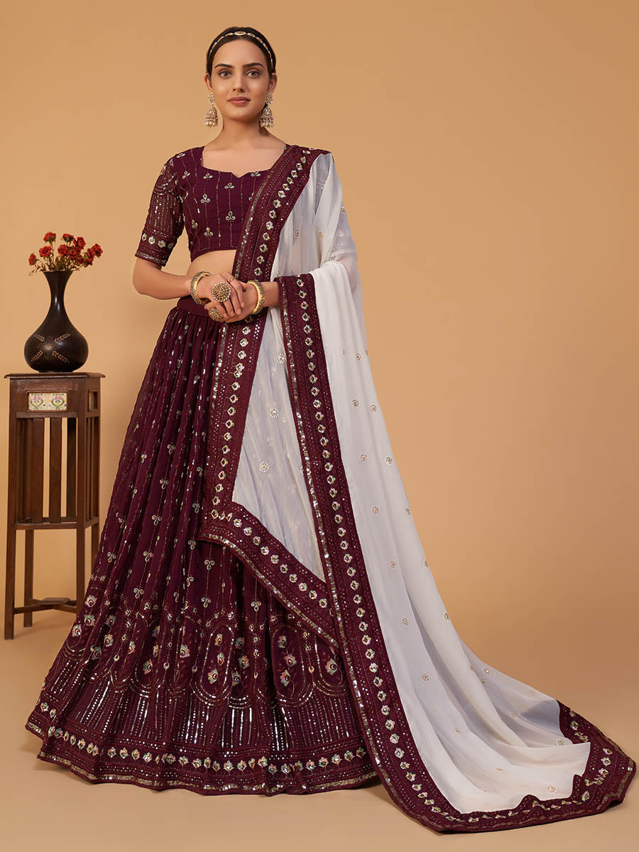 Myra Plum Georgette Embroidered Designer Lehenga