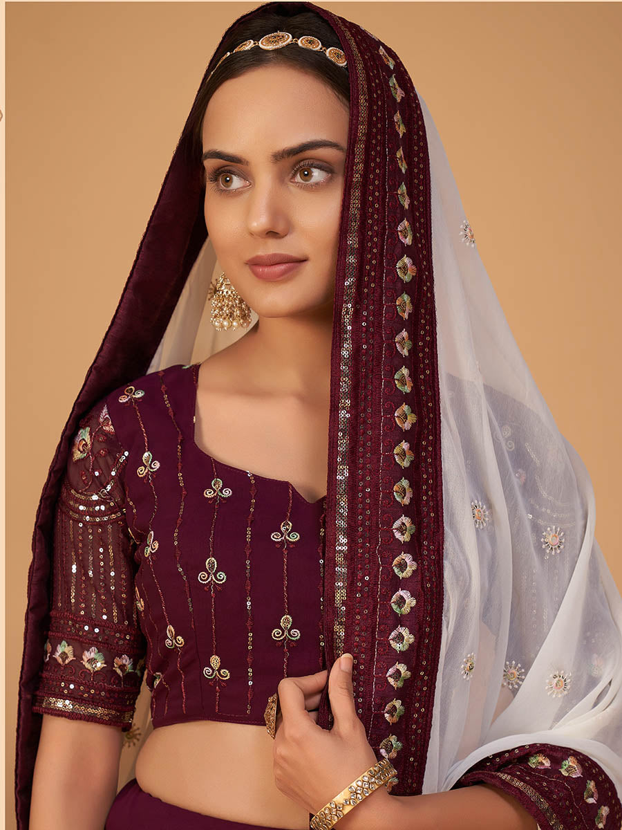 Myra Plum Georgette Embroidered Designer Lehenga