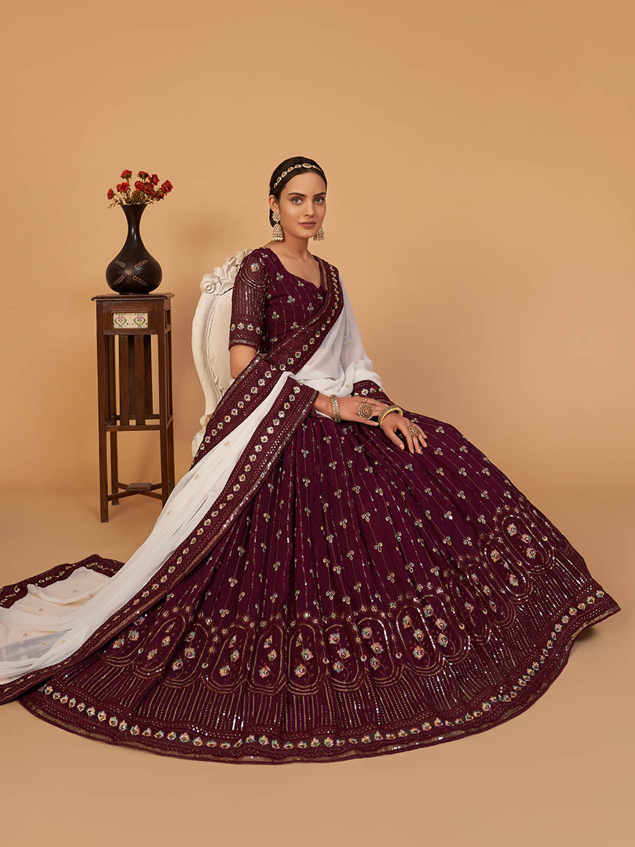 Myra Plum Georgette Embroidered Designer Lehenga