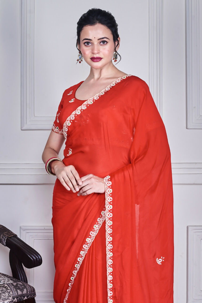 Morchari Red Chiffon Hand Embroidery Saree And Stitched Blouse - Distacart