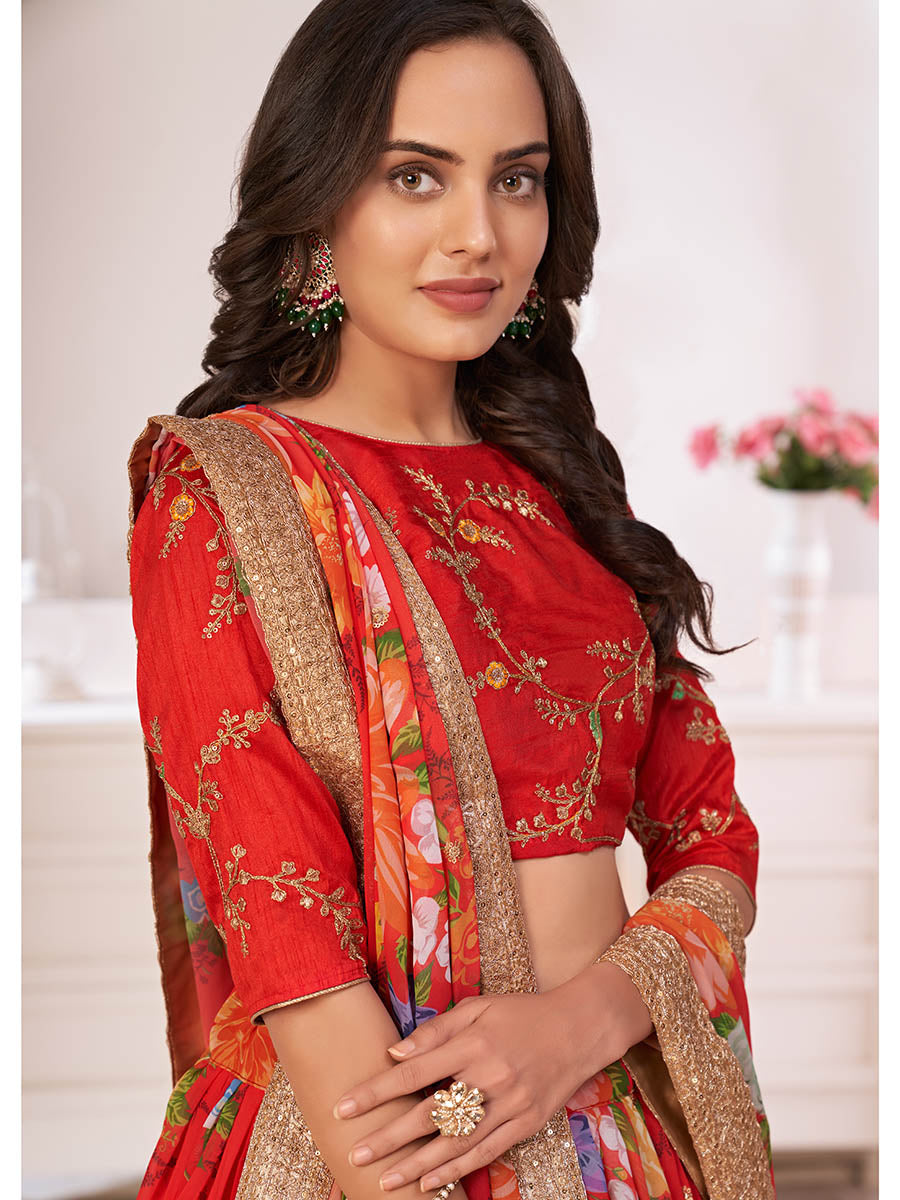 Myra Red Tomato Digital Printed Georgette Lehanga