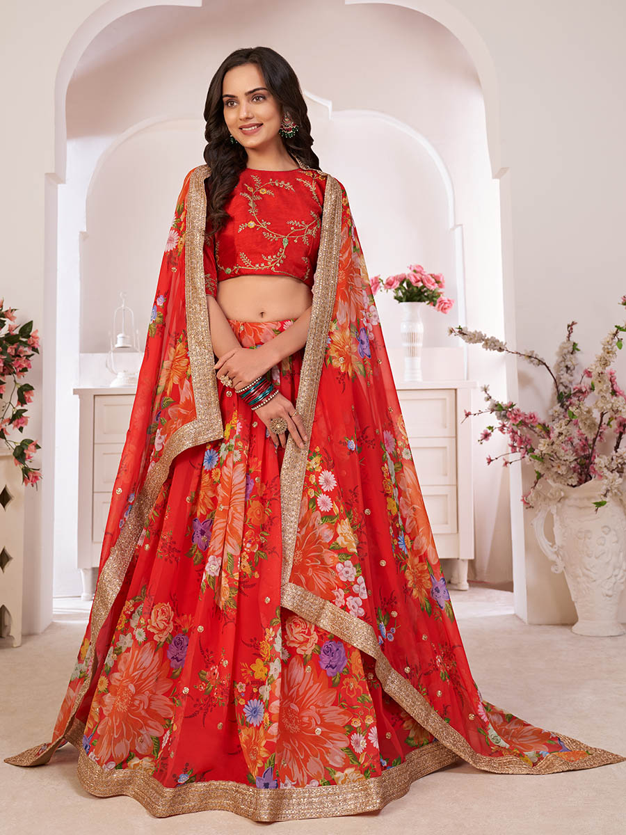 Myra Red Tomato Digital Printed Georgette Lehanga