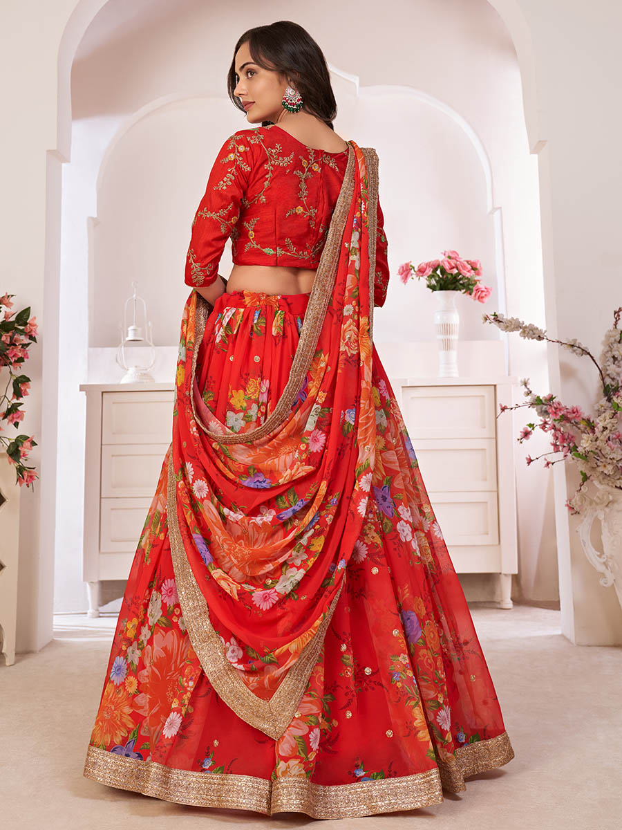Myra Red Tomato Digital Printed Georgette Lehanga
