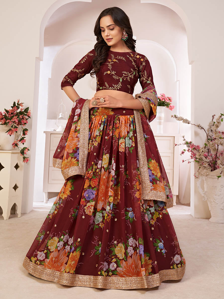 Myra Maroon Digital Printed Georgette Lehanga