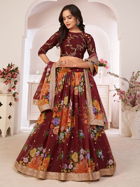 Myra Maroon Digital Printed Georgette Lehanga