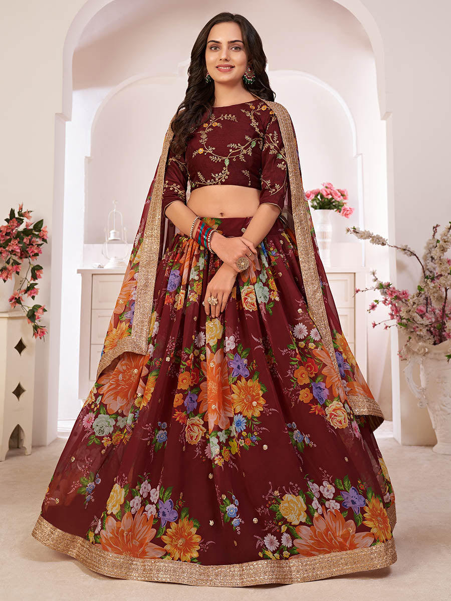 Myra Maroon Digital Printed Georgette Lehanga
