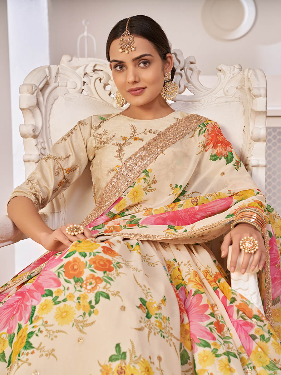 Myra Cream Digital Printed Georgette Lehanga