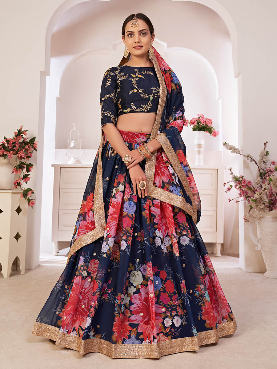 Myra Navy-Blue Digital Printed Georgette Lehanga