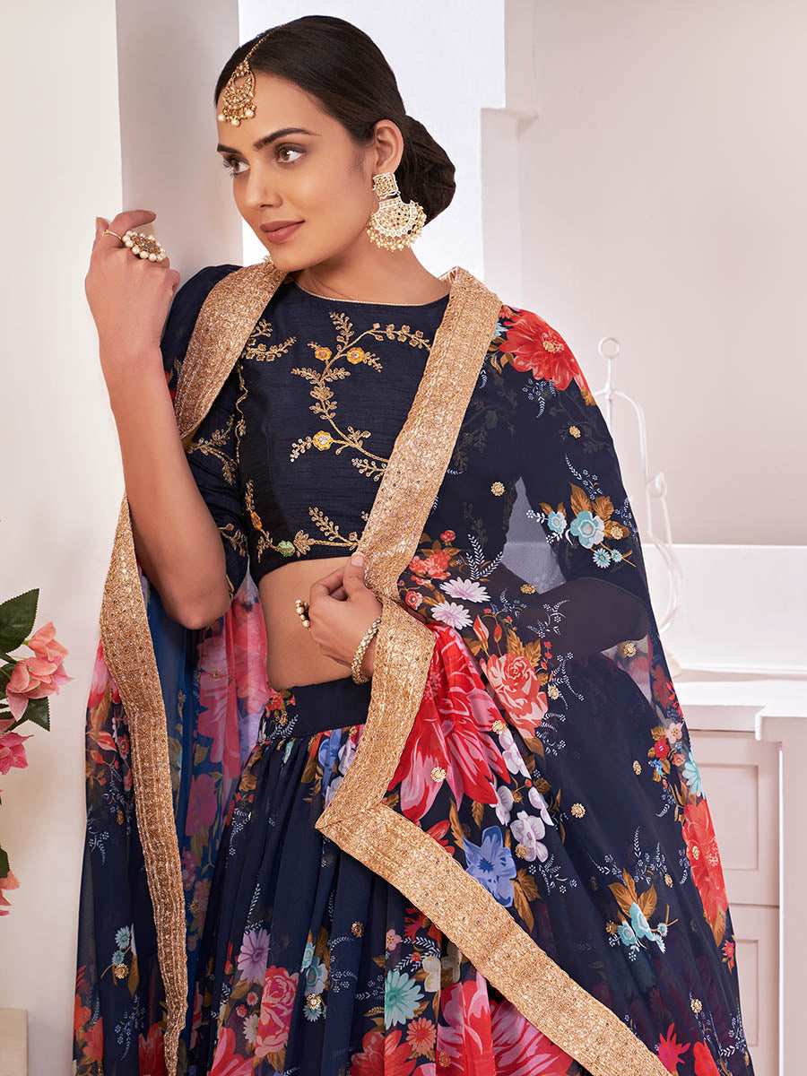 Myra Navy-Blue Digital Printed Georgette Lehanga