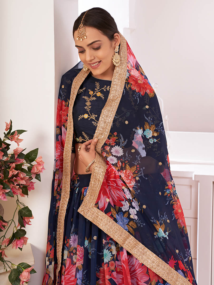 Myra Navy-Blue Digital Printed Georgette Lehanga
