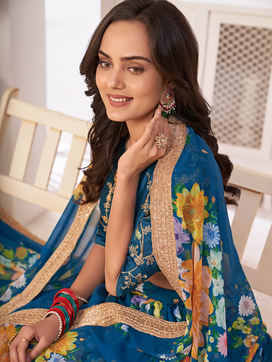 Myra Rama-Blue Digital Printed Georgette Lehanga