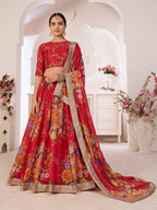 Myra Red Digital Printed Gorgette Lehanga