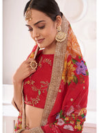 Myra Red Digital Printed Gorgette Lehanga