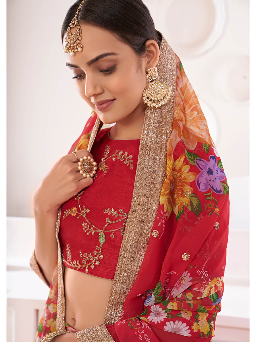 Myra Red Digital Printed Gorgette Lehanga