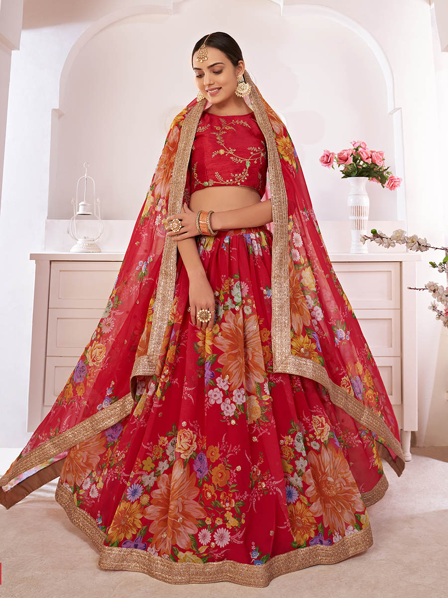 Myra Red Digital Printed Gorgette Lehanga