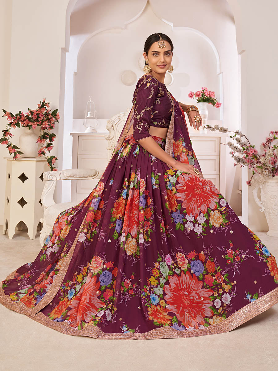 Myra Wine Digital Printed Georgette Lehanga