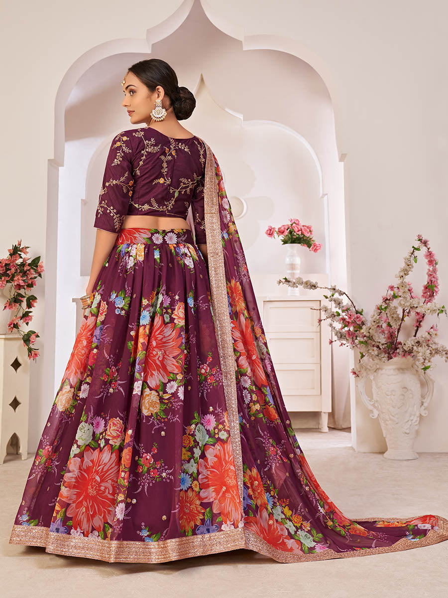 Myra Wine Digital Printed Georgette Lehanga