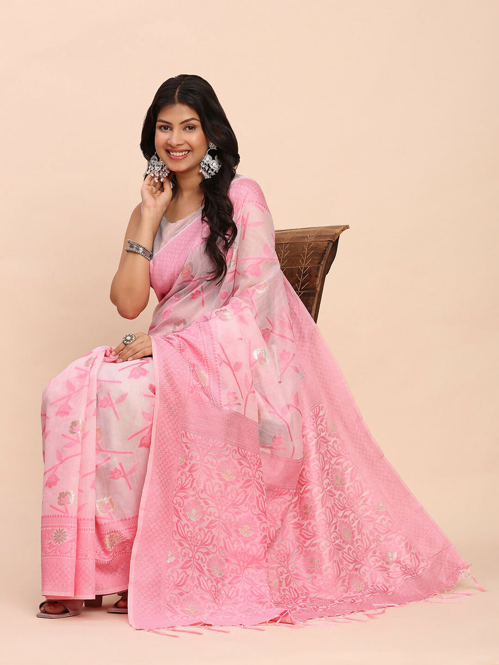 Shree Shyam Fashion Linen Cotton Light Pink Saree - Distacart