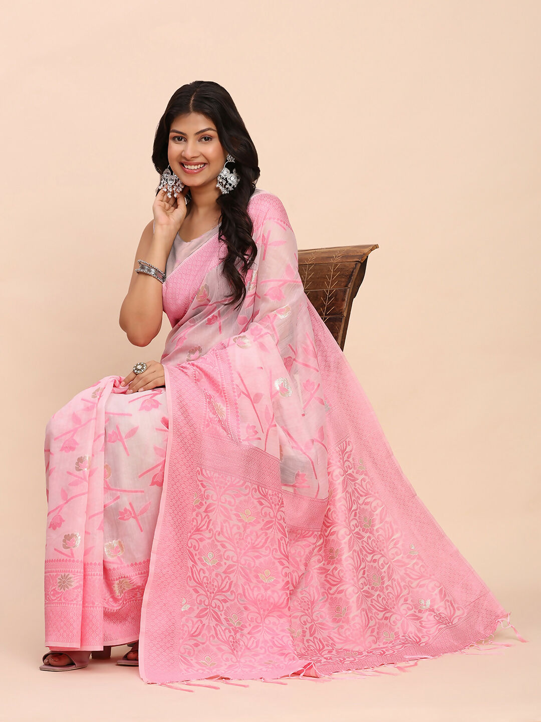 Shree Shyam Fashion Linen Cotton Light Pink Saree - Distacart