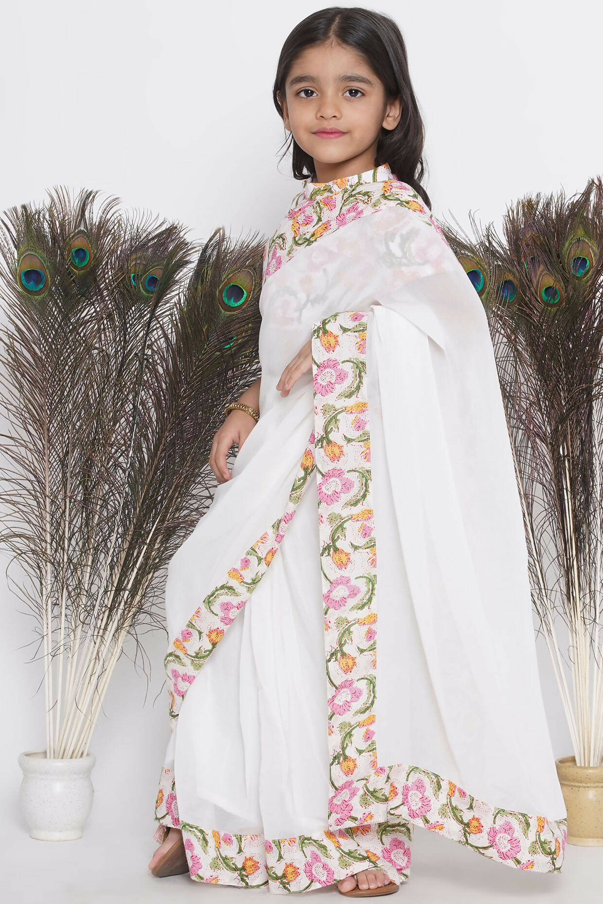 Little Bansi Floral Print Ready To Wear Saree And Floral Blouse - White