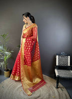 Joban Fashion Red Polka-Dot Zari Woven Organza Silk Banarasi Silk Saree - Distacart
