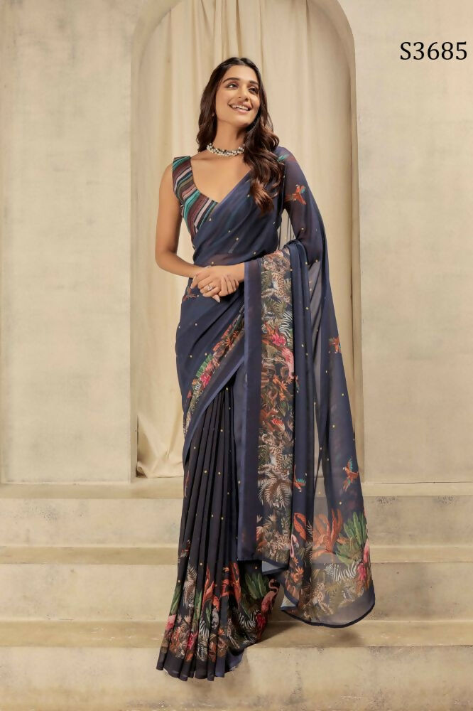Navy Blue Georgette Designer Printed Party Wear Saree - Cinderella