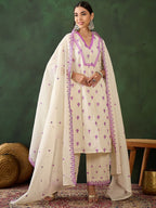 Sangria Purple Floral Embroidered Thread Work Pure Cotton Kurta & Palazzos With Dupatta