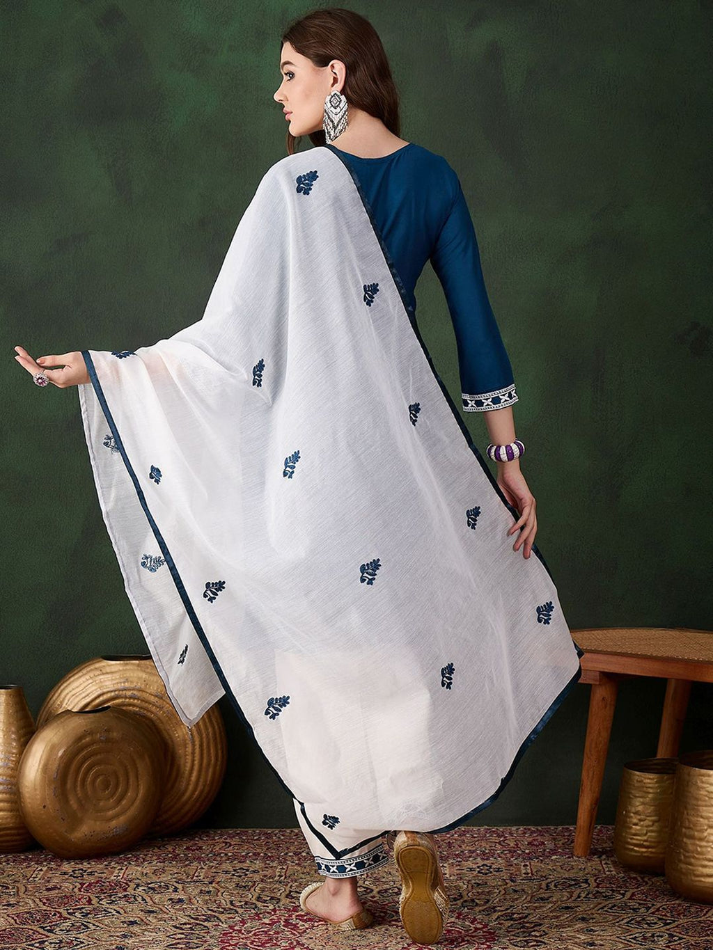 Sangria Teal Blue Paisley Embroidered Thread Work Straight Kurta & Trouser With Dupatta