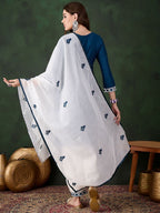 Sangria Teal Blue Paisley Embroidered Thread Work Straight Kurta & Trouser With Dupatta