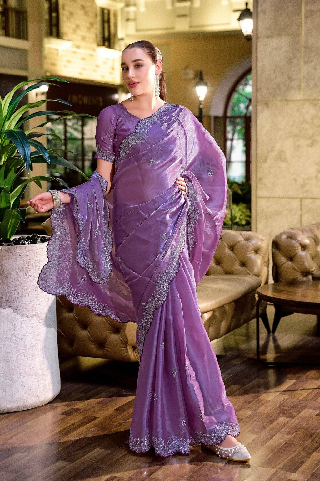 Vastranavya Lavender Embroidery Work Shimmer Chiffon Saree with Unstitched Blouse - Distacart