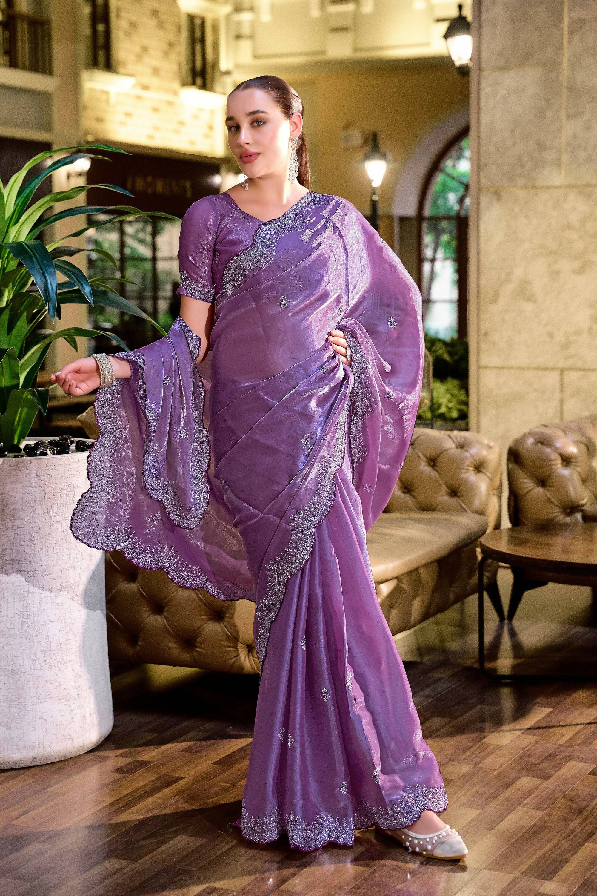 Vastranavya Lavender Embroidery Work Shimmer Chiffon Saree with Unstitched Blouse - Distacart