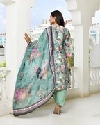 Vaasva Women's Green Tissue Gota Embroidered Suit Set With Solid Pant And Embroidered Dupatta