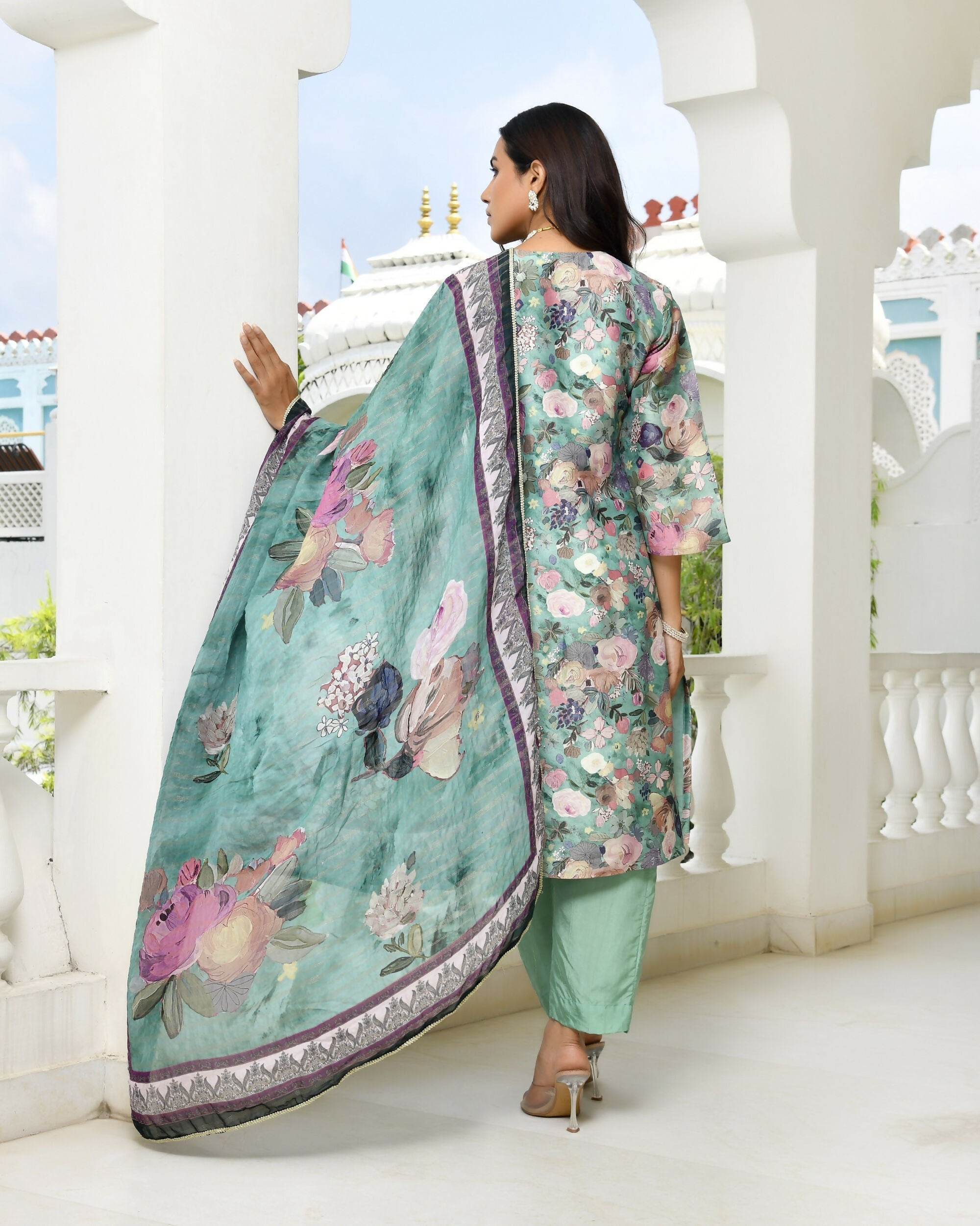 Vaasva Women's Green Tissue Gota Embroidered Suit Set With Solid Pant And Embroidered Dupatta