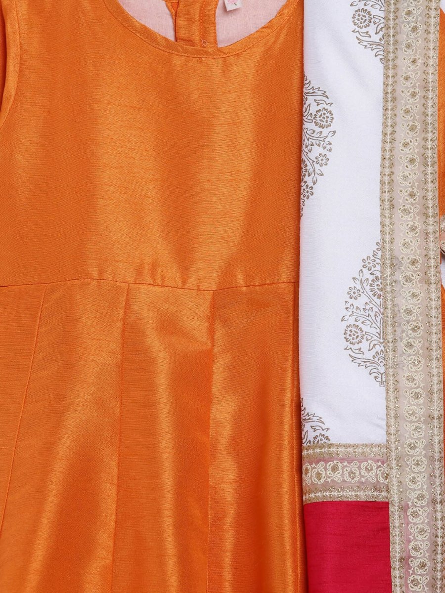 Ahalyaa Orange Poly Silk Anarkali Kids Kurta With Dupatta Set For Girls