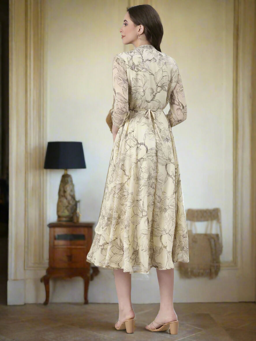 Souchii Floral Tiered Midi Dress For Women – Elegant Beige Button-Front A-Line