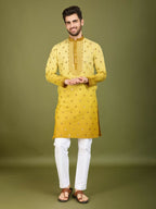 Vastranavya Ombre Yellow Premium Viscose Silk Thread & Sequence Embroidery work Kurta