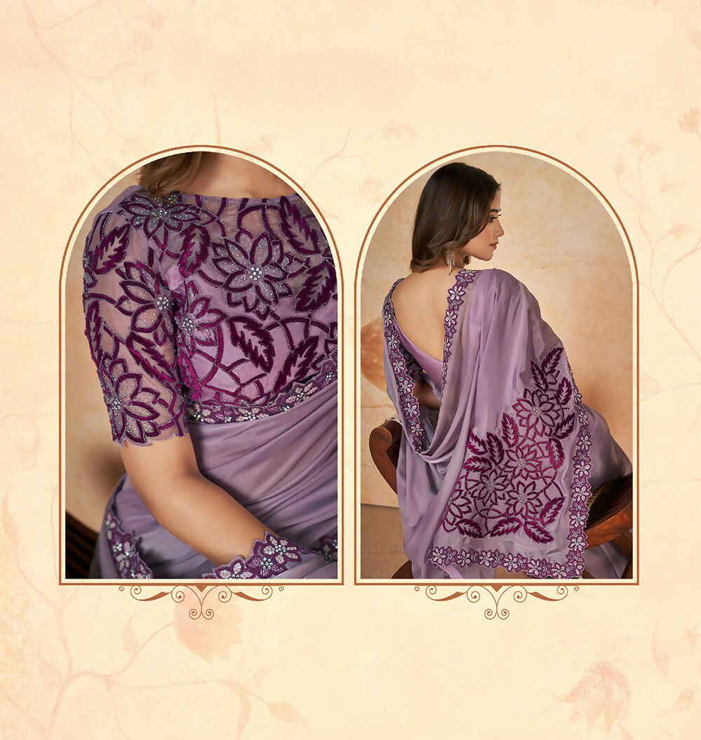 Purple Crepe Satin Silk Sequence & Cord Embroidered with Stone Work Saree - Mohmanthan Dakshika - Distacart