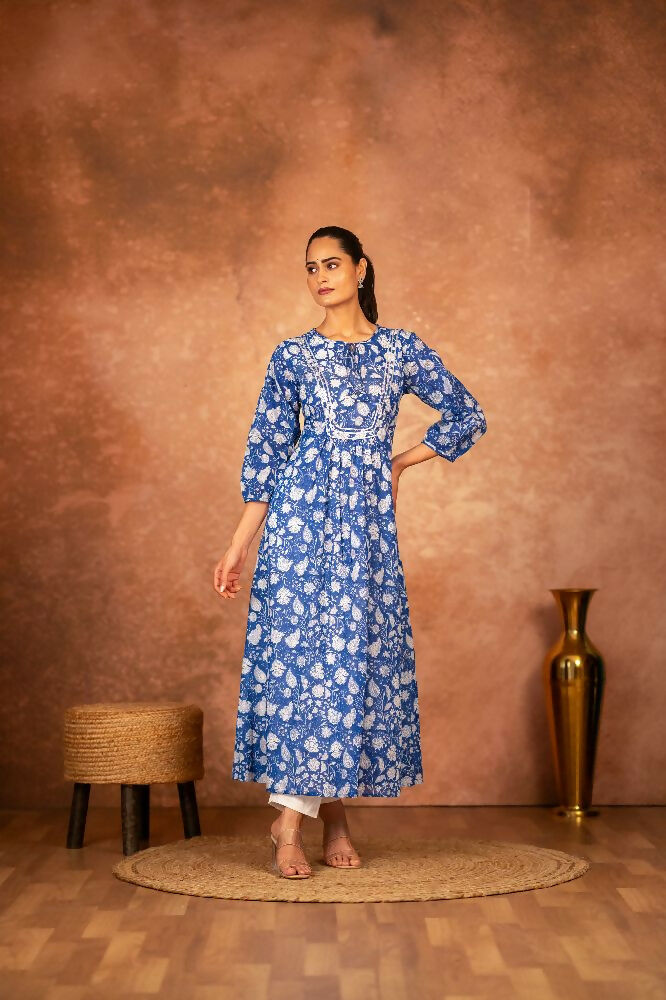 Joban Fashion Blue Floral Hand Block Printed Cotton Kurta Pant Set - Distacart