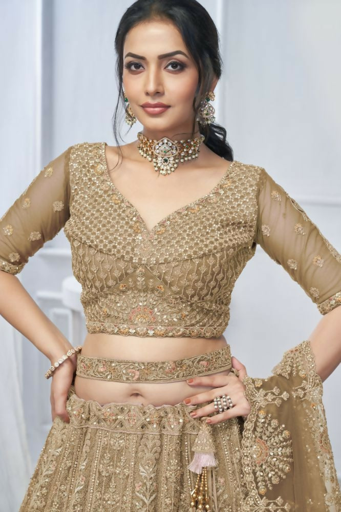 Kesar Fab Brown Net Embroidered Lehenga