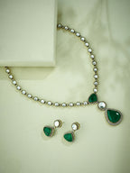 Nuyug 22K Gold-Plated Emerald Stone Centric Kundan Studded Minimal Necklace Set