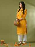 Myshka Women's Yellow Printed Cotton Blend Straight Party Kurta Set