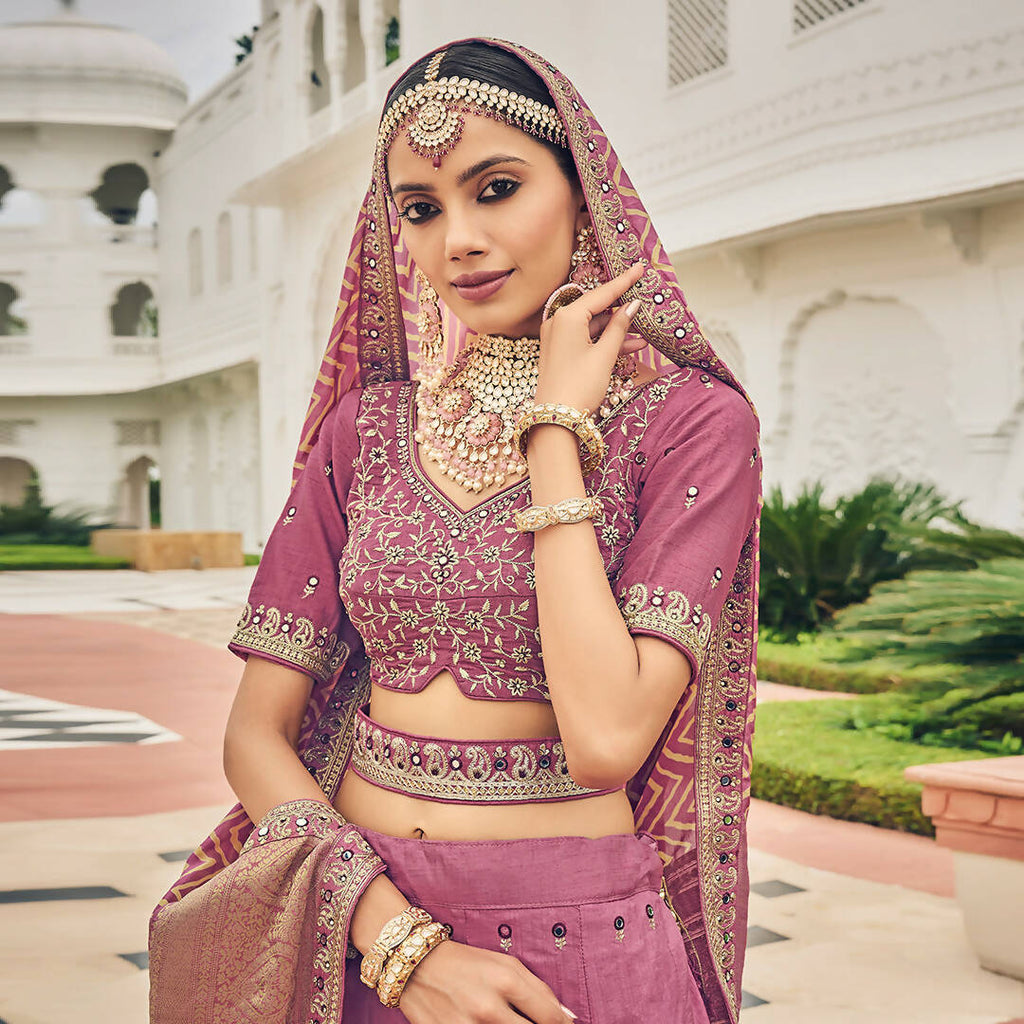 Onion Pink Heavy Viscose Khatli, Embroidery & Mirror Work Unstitched Lehenga Choli - Sisha Keshav